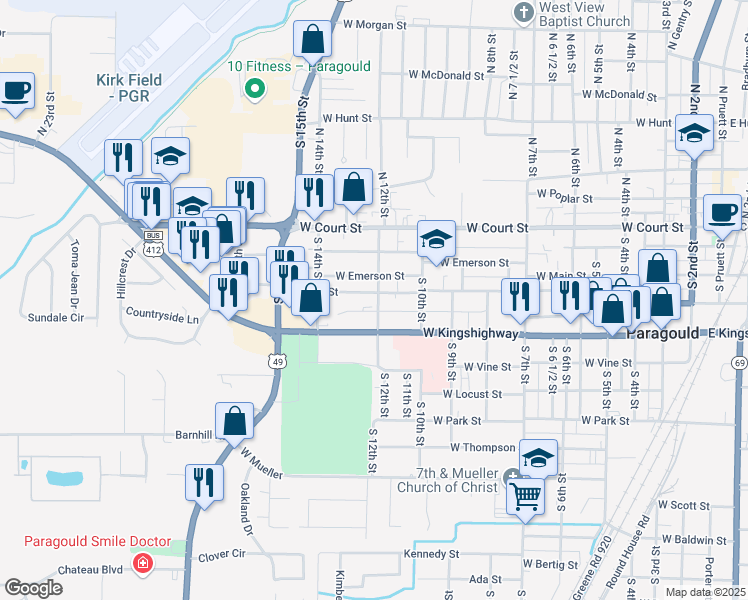 map of restaurants, bars, coffee shops, grocery stores, and more near 1201 West Main Street in Paragould
