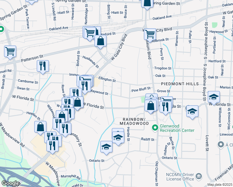 map of restaurants, bars, coffee shops, grocery stores, and more near 2300 Maywood Street in Greensboro