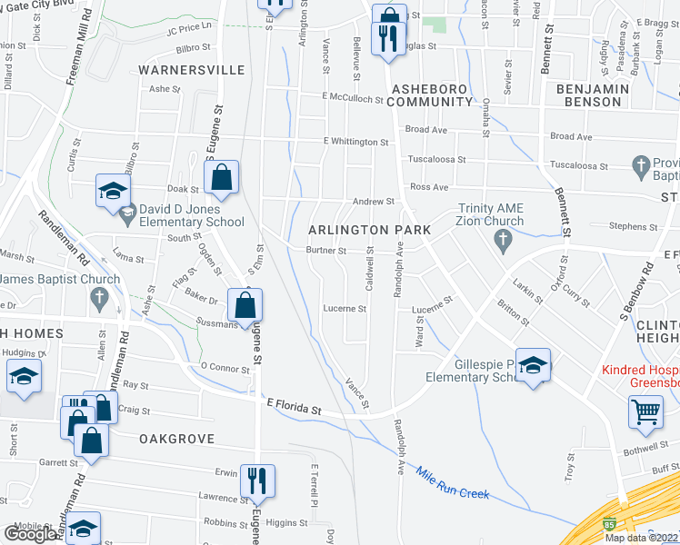 map of restaurants, bars, coffee shops, grocery stores, and more near 1400 Bellevue Street in Greensboro