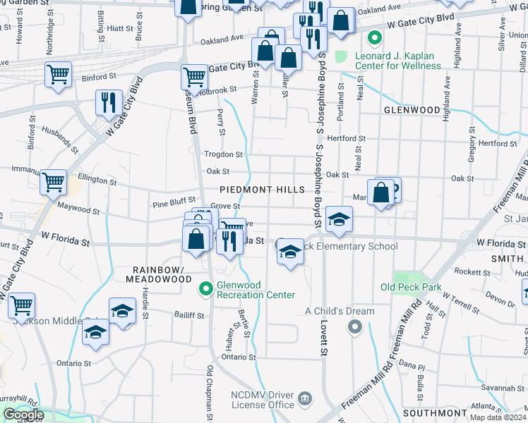 map of restaurants, bars, coffee shops, grocery stores, and more near 1703 Grove Street in Greensboro