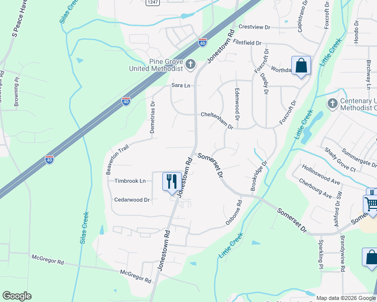 map of restaurants, bars, coffee shops, grocery stores, and more near 1280 Jonestown Road in Winston-Salem