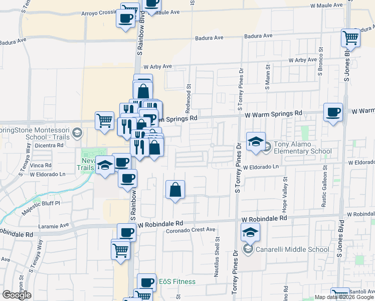 map of restaurants, bars, coffee shops, grocery stores, and more near 6720 West Churnet Valley Avenue in Las Vegas