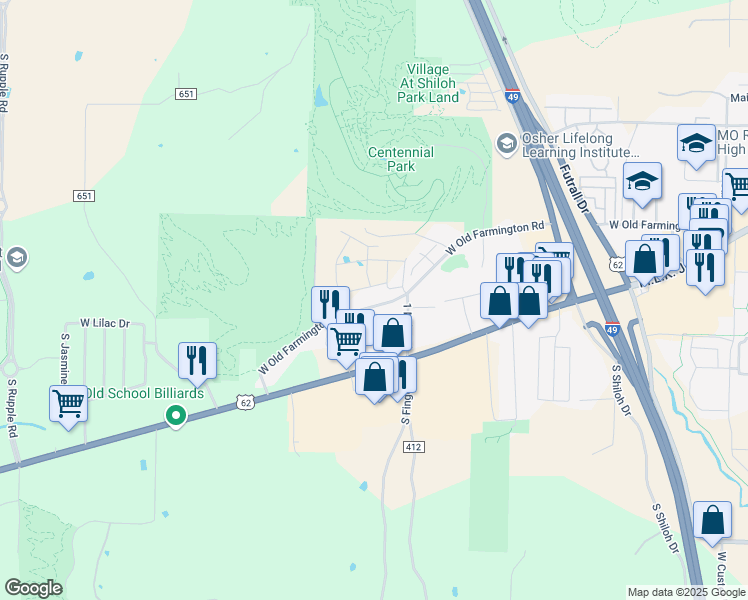 map of restaurants, bars, coffee shops, grocery stores, and more near 3064 West Old Farmington Road in Fayetteville