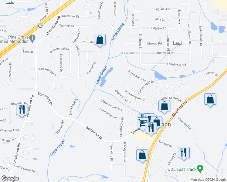 map of restaurants, bars, coffee shops, grocery stores, and more near 473 Shady Grove in Winston-Salem