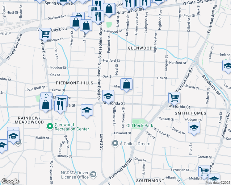 map of restaurants, bars, coffee shops, grocery stores, and more near 1315 Marion Street in Greensboro