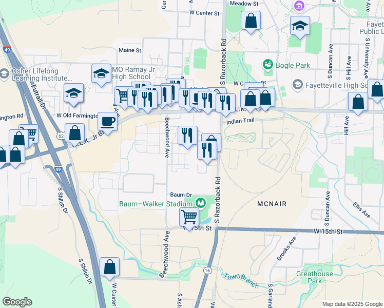 map of restaurants, bars, coffee shops, grocery stores, and more near 970 South Modus Way in Fayetteville