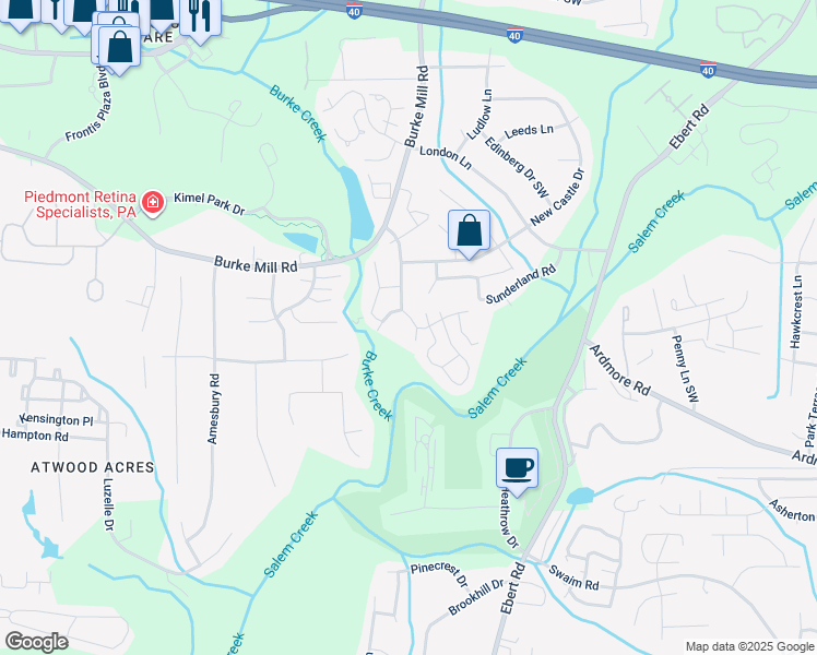 map of restaurants, bars, coffee shops, grocery stores, and more near 2291 Brecknock Drive in Winston-Salem