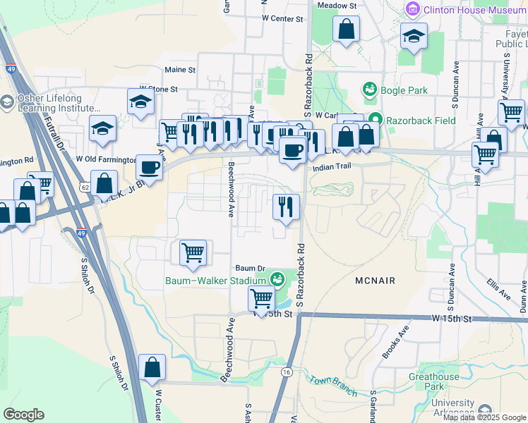 map of restaurants, bars, coffee shops, grocery stores, and more near 970 South Modus Way in Fayetteville