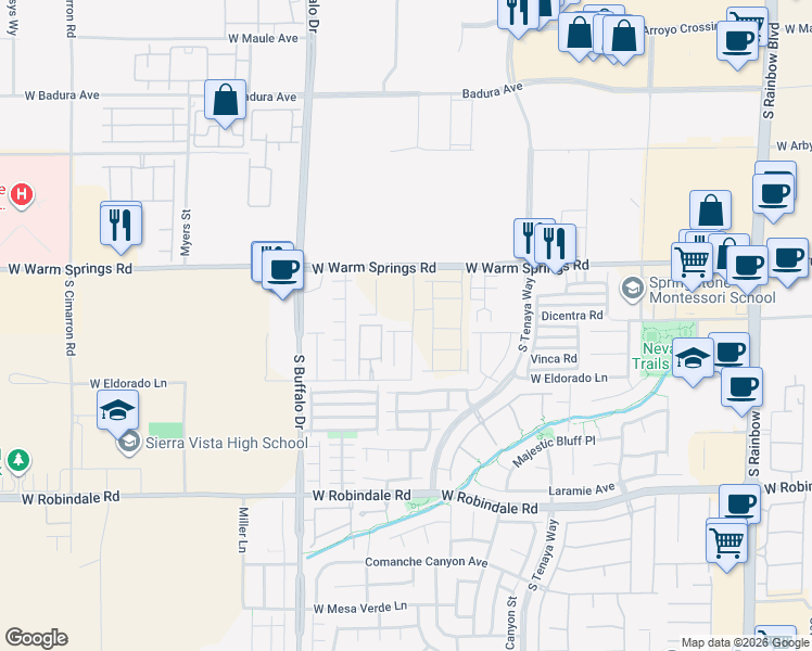 map of restaurants, bars, coffee shops, grocery stores, and more near 7584 Poppy Springs Avenue in Las Vegas