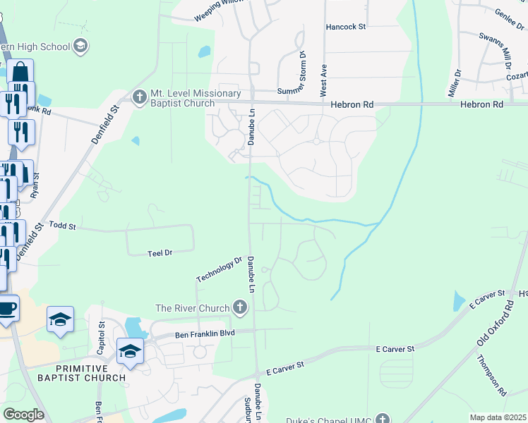 map of restaurants, bars, coffee shops, grocery stores, and more near 601 Fanning Way in Durham