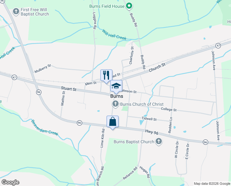 map of restaurants, bars, coffee shops, grocery stores, and more near 2905 Church Street in Burns