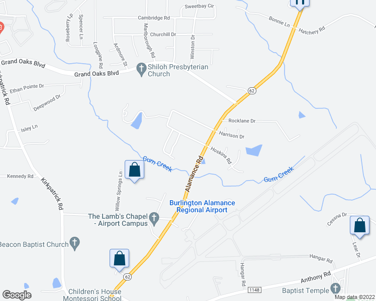 map of restaurants, bars, coffee shops, grocery stores, and more near 3263 Alamance Road in Burlington