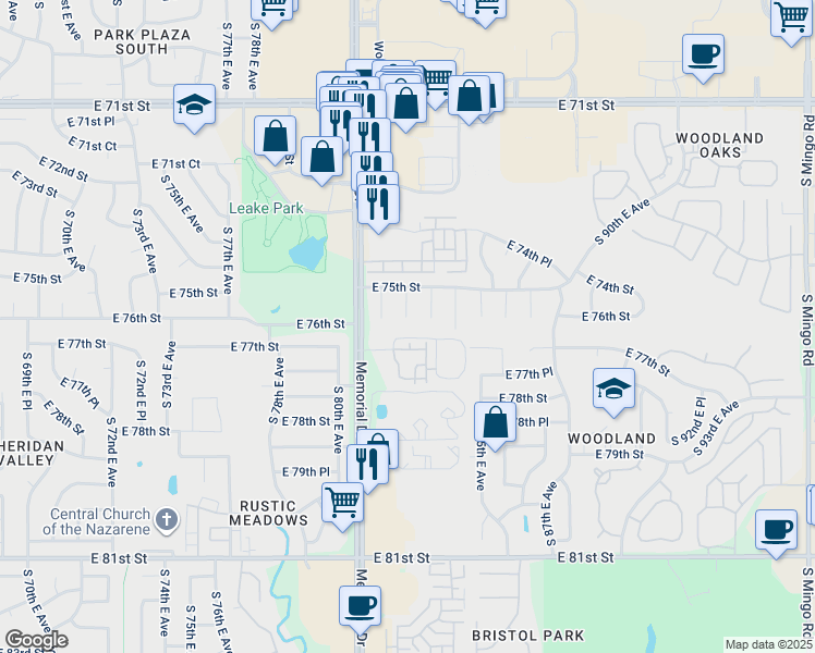 map of restaurants, bars, coffee shops, grocery stores, and more near 7524 South 83rd East Avenue in Tulsa