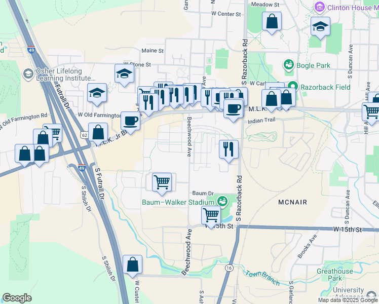 map of restaurants, bars, coffee shops, grocery stores, and more near 1002 Beechwood Avenue in Fayetteville