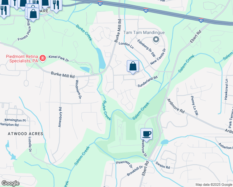 map of restaurants, bars, coffee shops, grocery stores, and more near 2291 Brecknock Drive in Winston-Salem