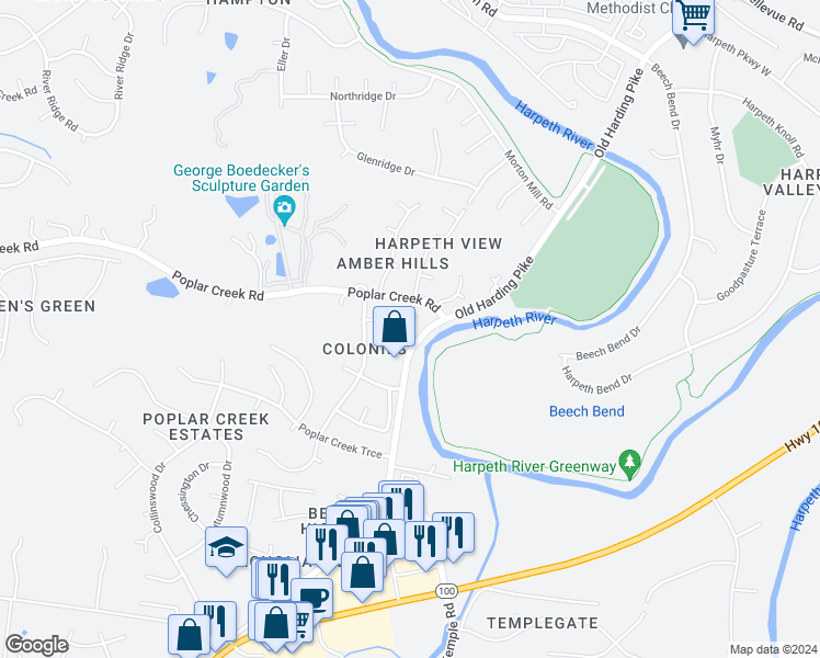 map of restaurants, bars, coffee shops, grocery stores, and more near 7409 East Colony Drive in Nashville