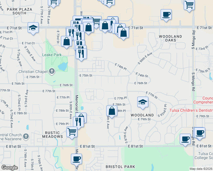 map of restaurants, bars, coffee shops, grocery stores, and more near 7524 South 85th East Place in Tulsa