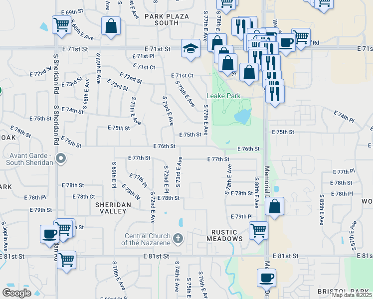 map of restaurants, bars, coffee shops, grocery stores, and more near 7322 East 76th Street in Tulsa