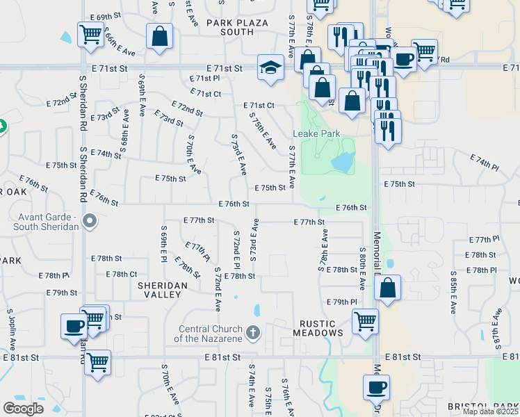 map of restaurants, bars, coffee shops, grocery stores, and more near 7322 East 76th Street in Tulsa