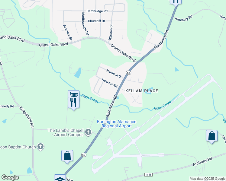 map of restaurants, bars, coffee shops, grocery stores, and more near 3251 Alamance Road in Burlington