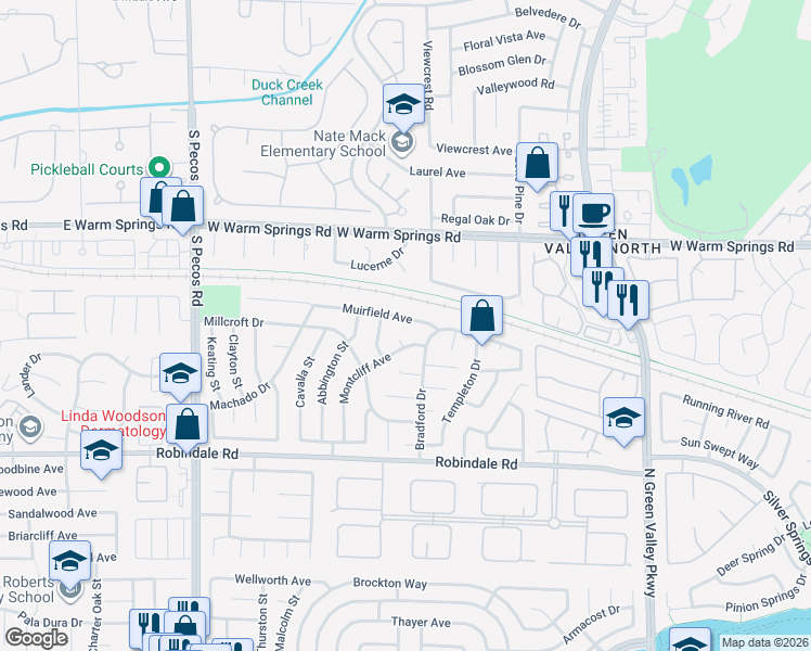 map of restaurants, bars, coffee shops, grocery stores, and more near 2415 Muirfield Avenue in Henderson