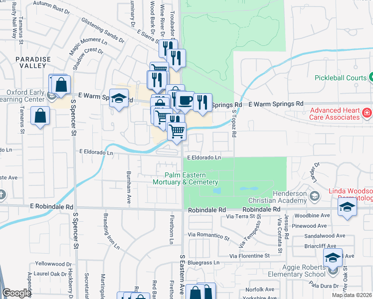 map of restaurants, bars, coffee shops, grocery stores, and more near 7450 South Eastern Avenue in Las Vegas