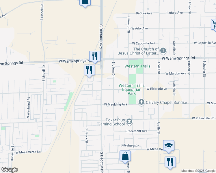 map of restaurants, bars, coffee shops, grocery stores, and more near 7477 South Ullom Drive in Las Vegas