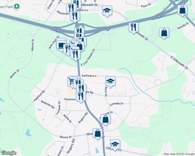 map of restaurants, bars, coffee shops, grocery stores, and more near 115 Eastway Lane in Graham