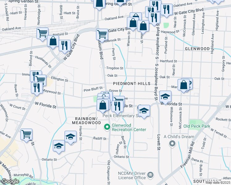 map of restaurants, bars, coffee shops, grocery stores, and more near 1810 Grove Street in Greensboro