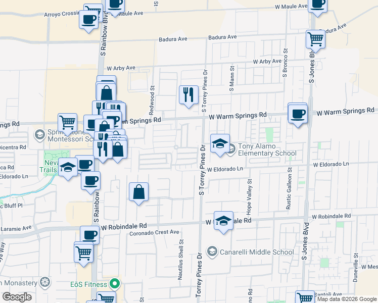map of restaurants, bars, coffee shops, grocery stores, and more near 6554 West Roundstone Bog Avenue in Las Vegas