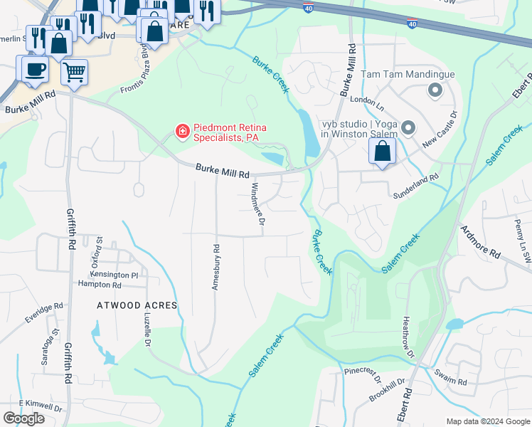 map of restaurants, bars, coffee shops, grocery stores, and more near 2812 Wynfield Crossing Lane in Winston-Salem