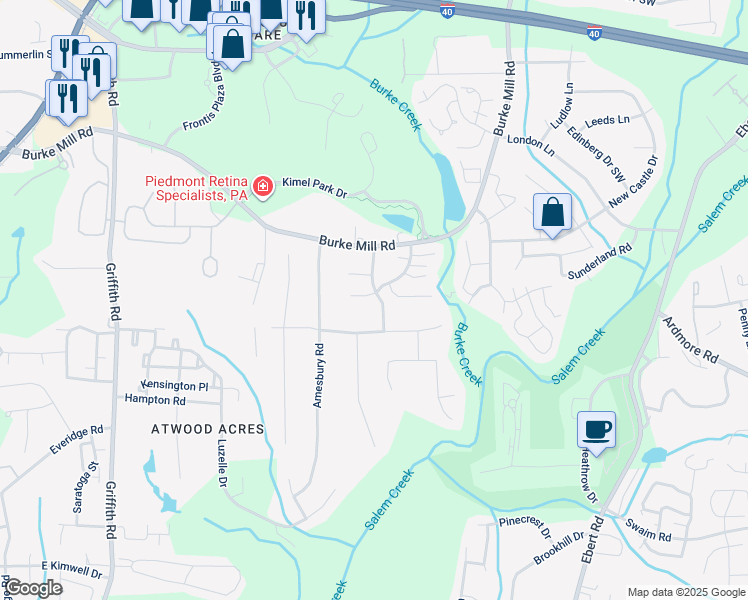 map of restaurants, bars, coffee shops, grocery stores, and more near 2900 Woodington Drive in Winston-Salem