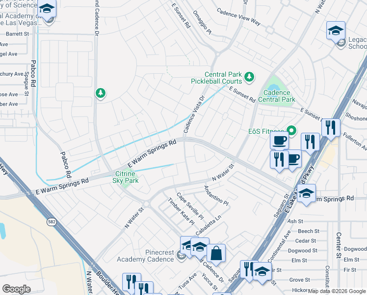 map of restaurants, bars, coffee shops, grocery stores, and more near 327 Cadence Vista Drive in Henderson