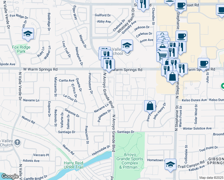 map of restaurants, bars, coffee shops, grocery stores, and more near 360 North Arroyo Grande Boulevard in Henderson