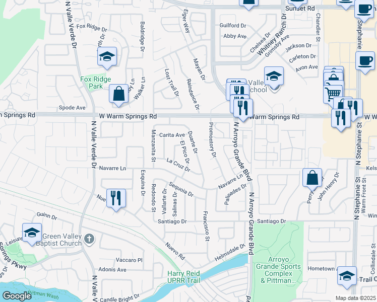 map of restaurants, bars, coffee shops, grocery stores, and more near 1686 Duarte Drive in Henderson