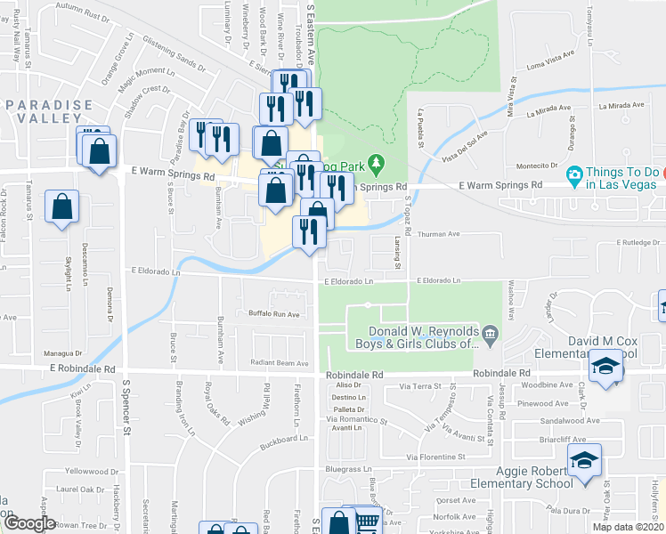 map of restaurants, bars, coffee shops, grocery stores, and more near 7450 South Eastern Avenue in Las Vegas