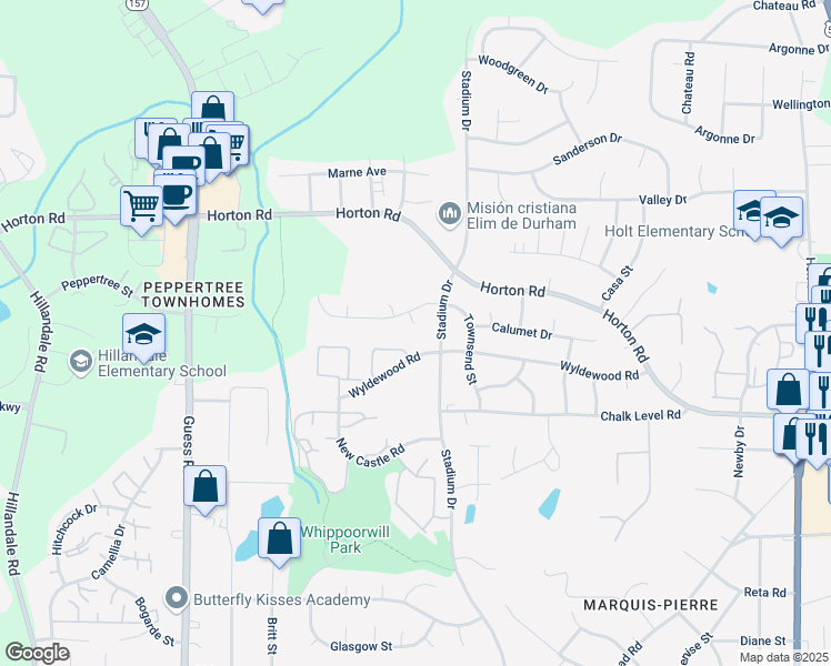 map of restaurants, bars, coffee shops, grocery stores, and more near 4 Sidbrook Court in Durham