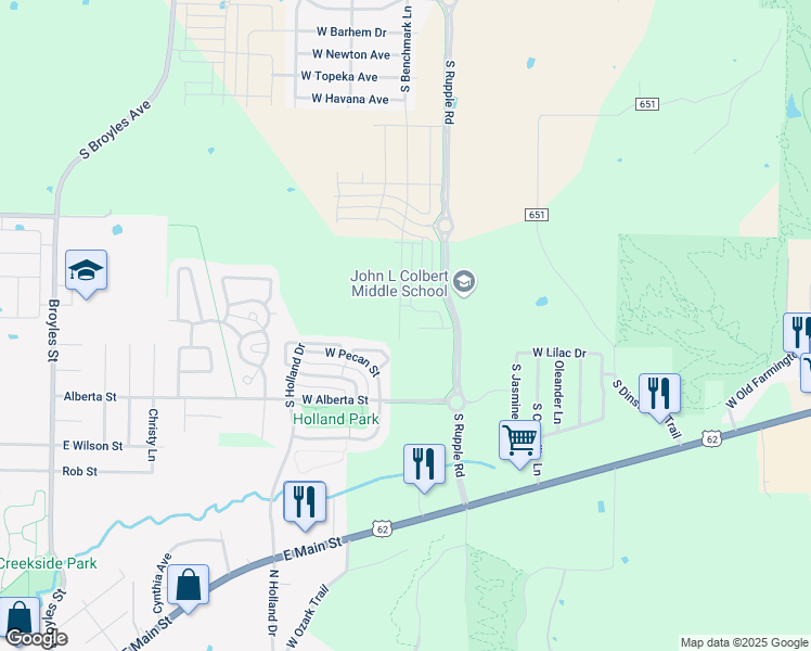 map of restaurants, bars, coffee shops, grocery stores, and more near 4338 West Cottage Street in Fayetteville