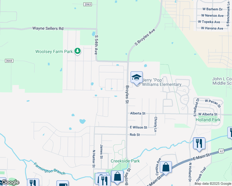 map of restaurants, bars, coffee shops, grocery stores, and more near 285 Broyles Street in Farmington