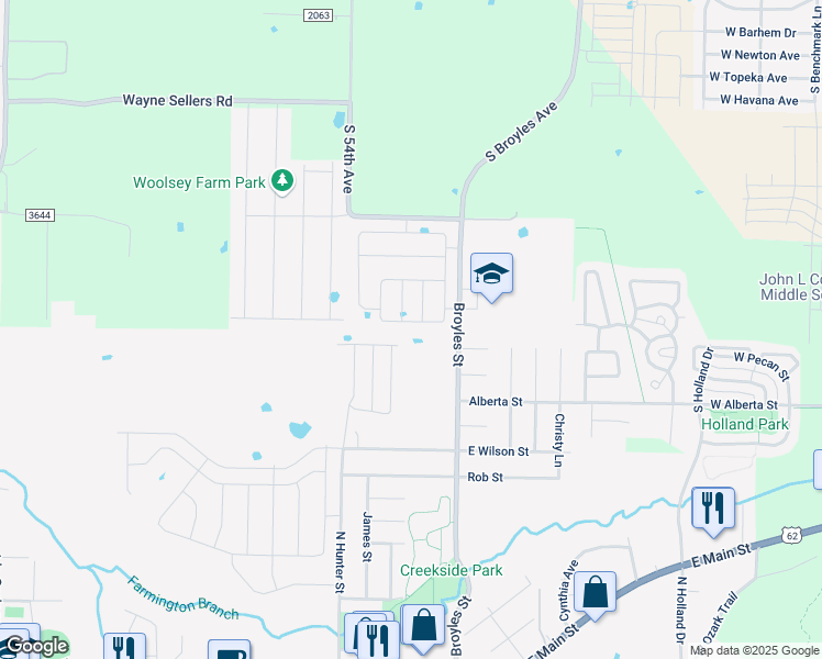 map of restaurants, bars, coffee shops, grocery stores, and more near 285 Broyles Street in Farmington