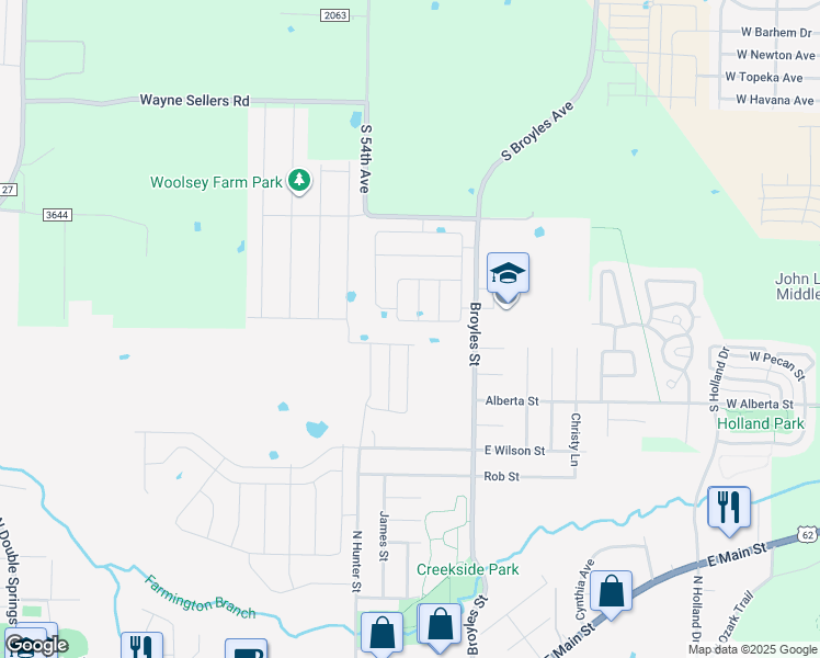 map of restaurants, bars, coffee shops, grocery stores, and more near 941 Broyles Street in Farmington