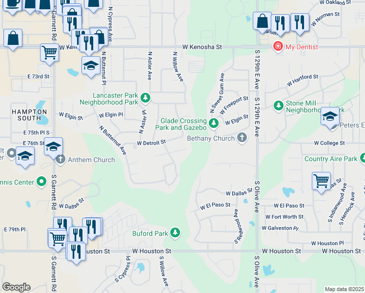 map of restaurants, bars, coffee shops, grocery stores, and more near 4204 West College Street in Broken Arrow