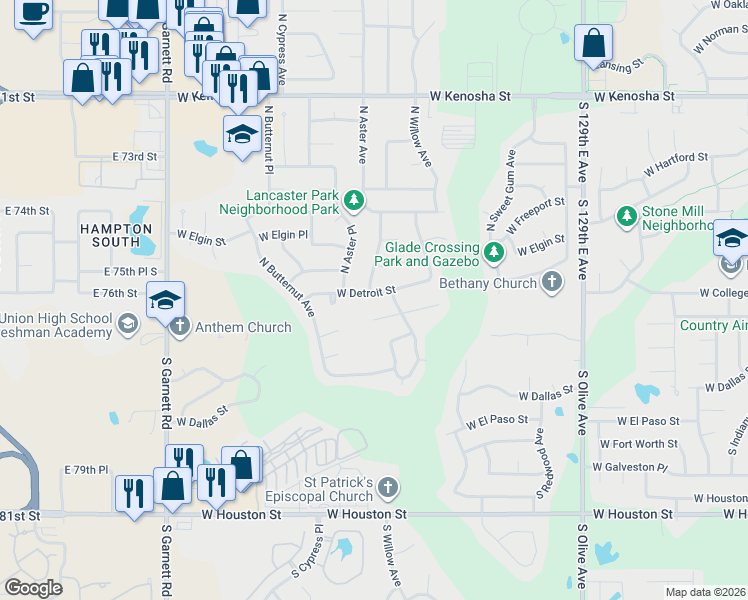 map of restaurants, bars, coffee shops, grocery stores, and more near 4405 West Detroit Street in Broken Arrow