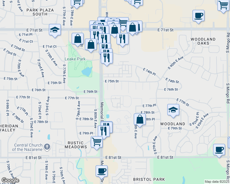 map of restaurants, bars, coffee shops, grocery stores, and more near 7524 South 83rd East Avenue in Tulsa