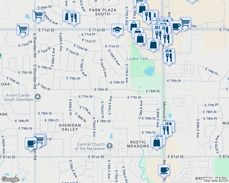 map of restaurants, bars, coffee shops, grocery stores, and more near 7322 East 76th Street in Tulsa