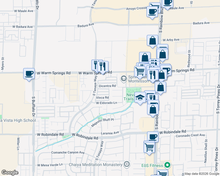 map of restaurants, bars, coffee shops, grocery stores, and more near 7404 Celosia Street in Las Vegas