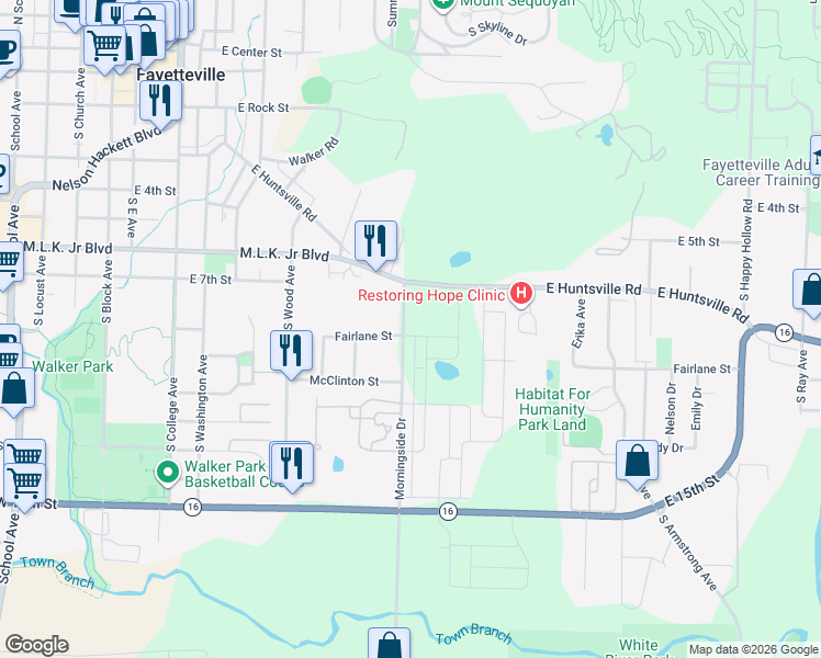 map of restaurants, bars, coffee shops, grocery stores, and more near 821 Morningside Drive in Fayetteville