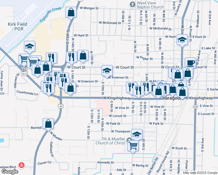 map of restaurants, bars, coffee shops, grocery stores, and more near 904 West Main Street in Paragould