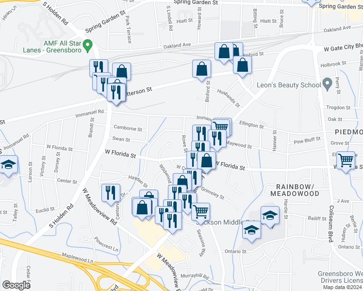 map of restaurants, bars, coffee shops, grocery stores, and more near 2506 Rowe Street in Greensboro