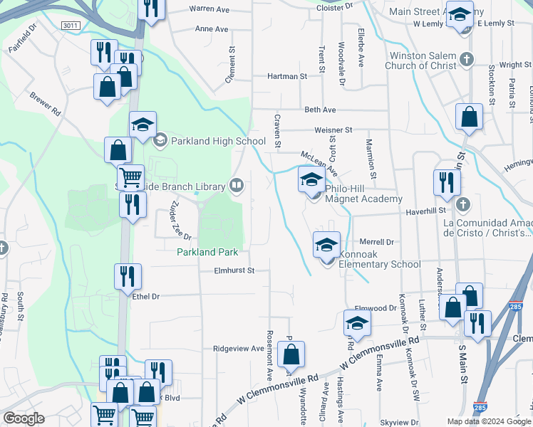map of restaurants, bars, coffee shops, grocery stores, and more near 821 Brickwood Court in Winston-Salem